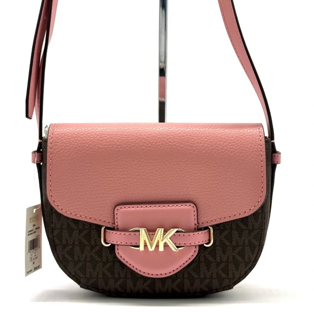 Michael Kors Small Reed Leather Saddle Crossbody Bag Brown/Light Pink